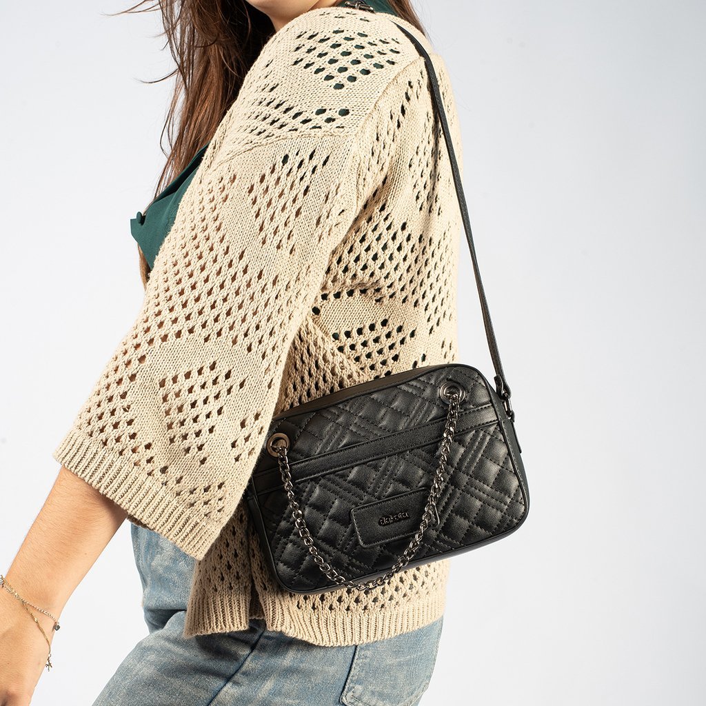 Bolsa Feminina Dakota Almeria Transversal Matelassê Detalhe Corrente Frente Fecho Zíper - DK168 Preto 3