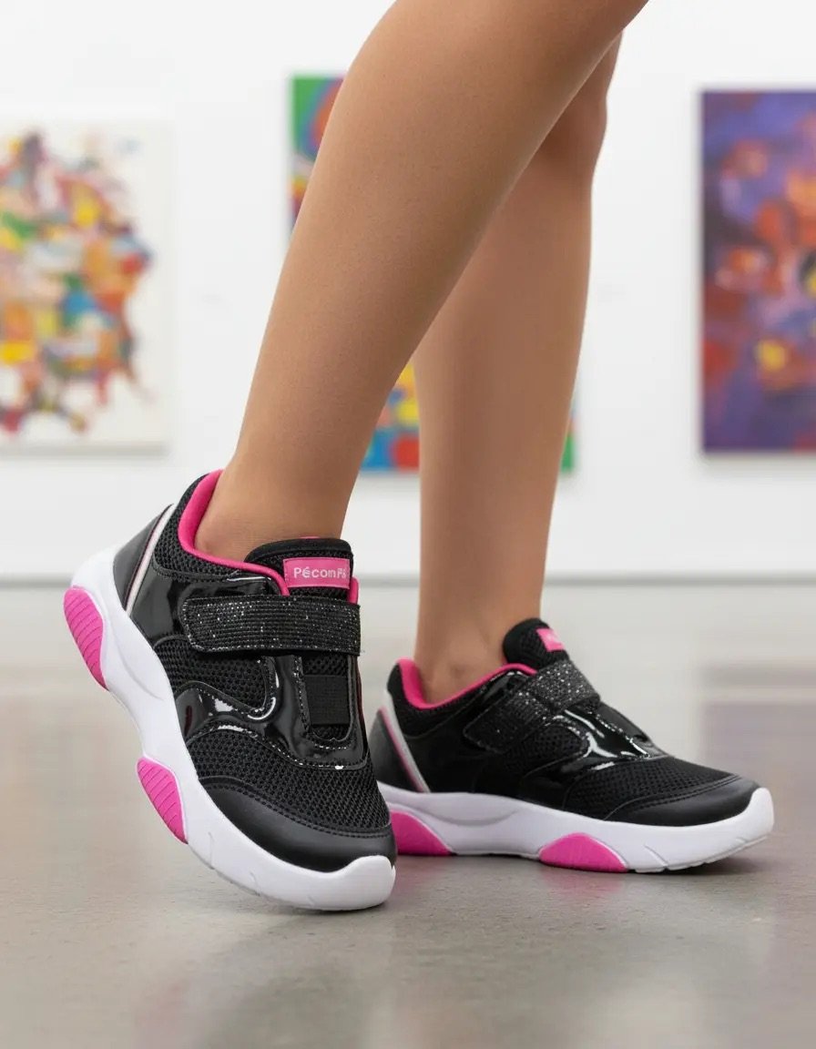 Tênis Feminino Pé com Pé Velcro com Pedrinhas Detalhe Verniz - 15184 Preto 2