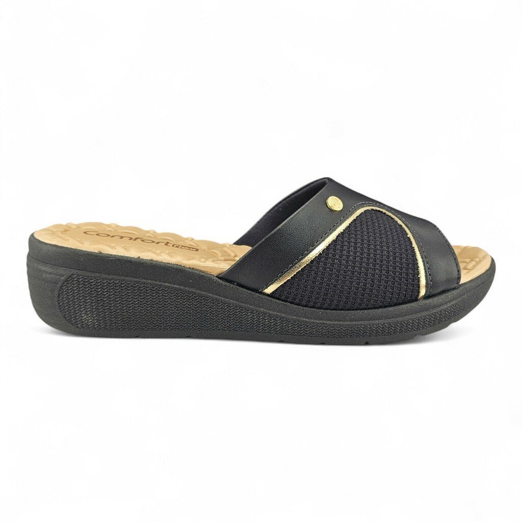 Tamanco Feminino Comfortflex Anabela Detalhe Dourado Forro Espuma - 2586401 Preto 2