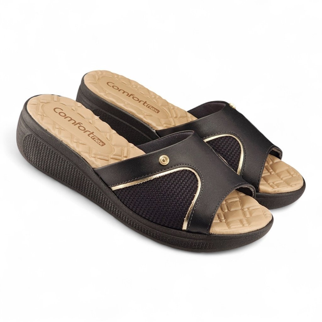 Tamanco Feminino Comfortflex Anabela Detalhe Dourado Forro Espuma - 2586401 Preto 4