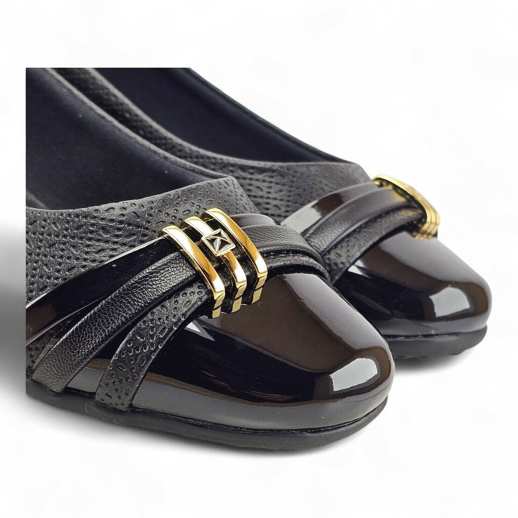 Sapatilha Feminina Piccadilly Trabalhado Fivela Bico Verniz - 250233 Preto 3