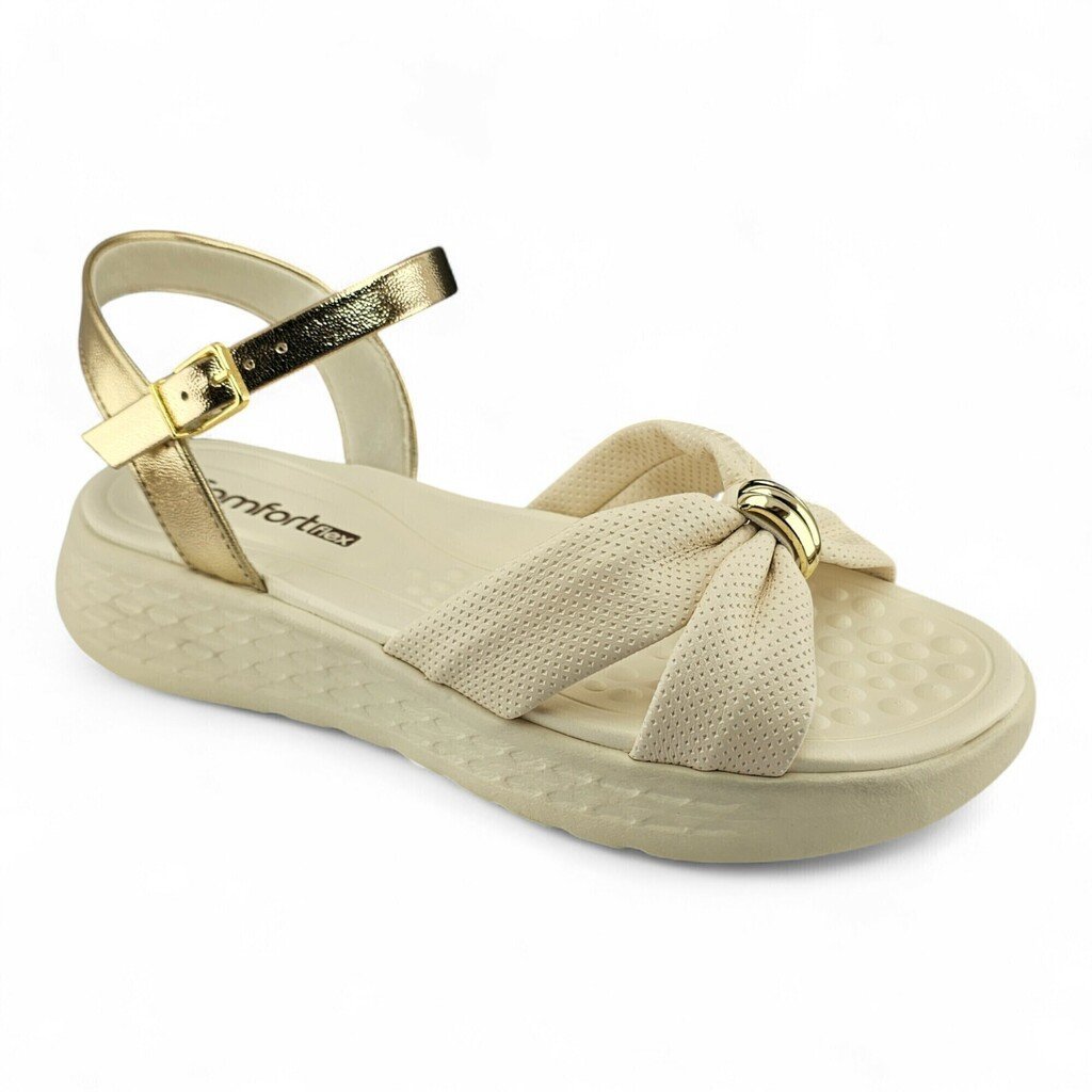 Sandália Feminina Comfortflex Papete Tira Ajustável Detalhe Metálico Dourado - 2547403