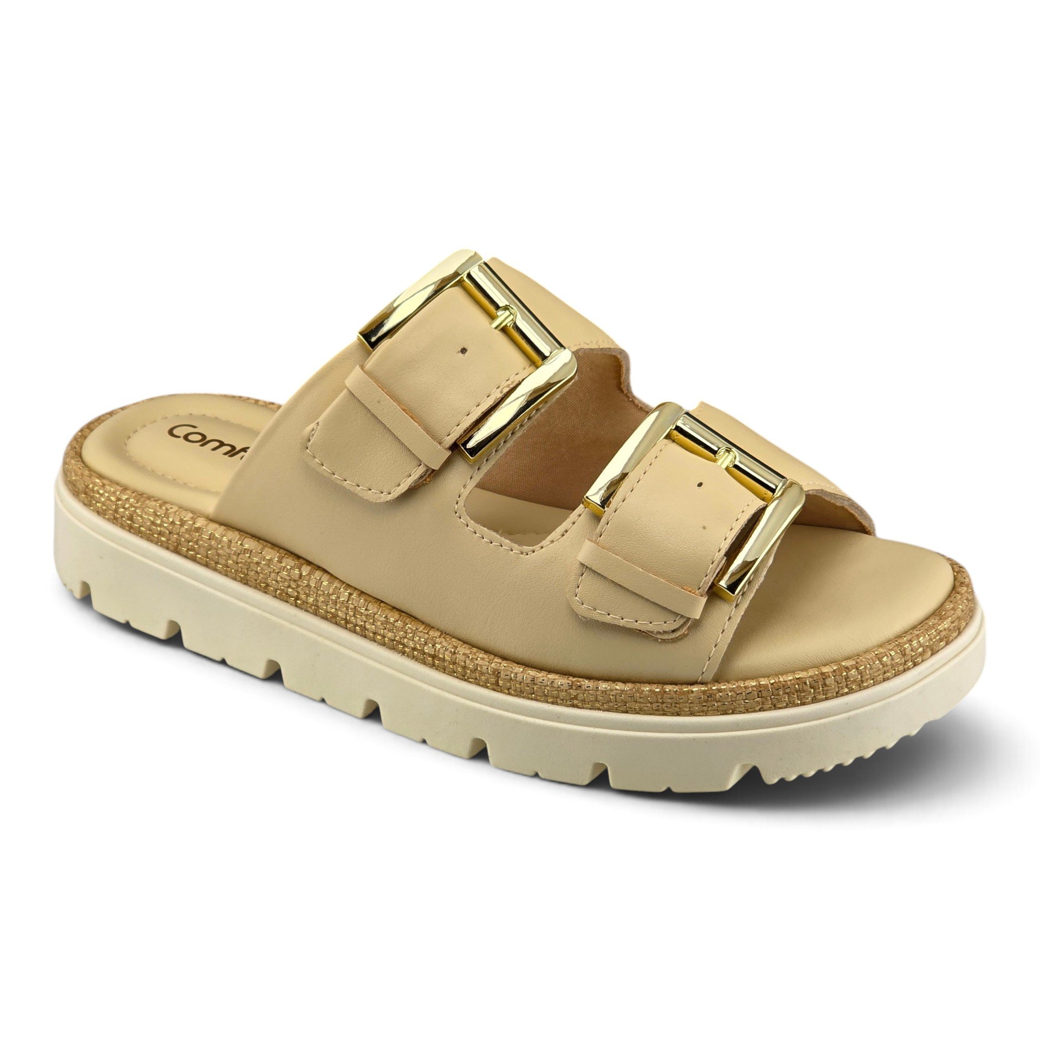 Tamanco Comfortflex  Birk Slide Faixa Dupla Fivela Metal cor Marfim  - 2446402