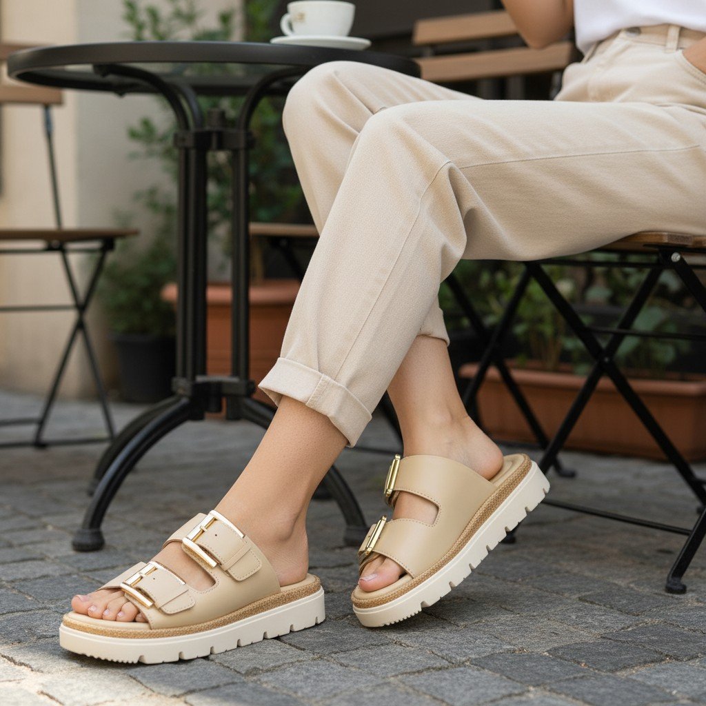 Tamanco Comfortflex Birk Slide Faixa Dupla Fivela Metal cor Marfim - 2446402 Branco 2