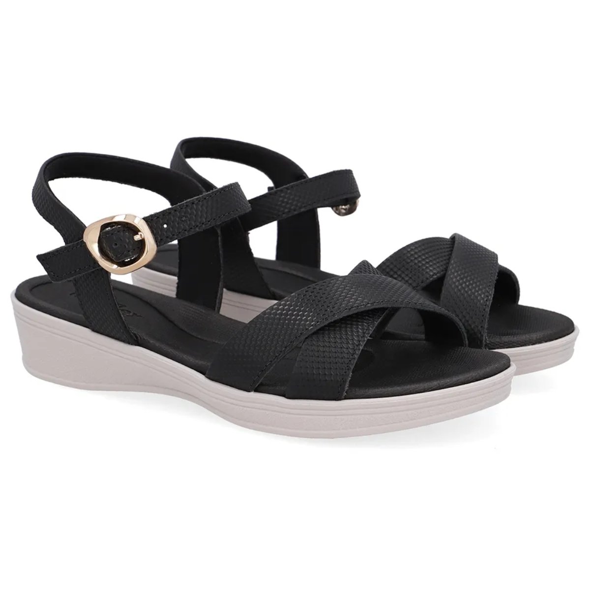 Sandália Anabela Usaflex Tiras Cruzadas Texturizada UD04002 Preto 2