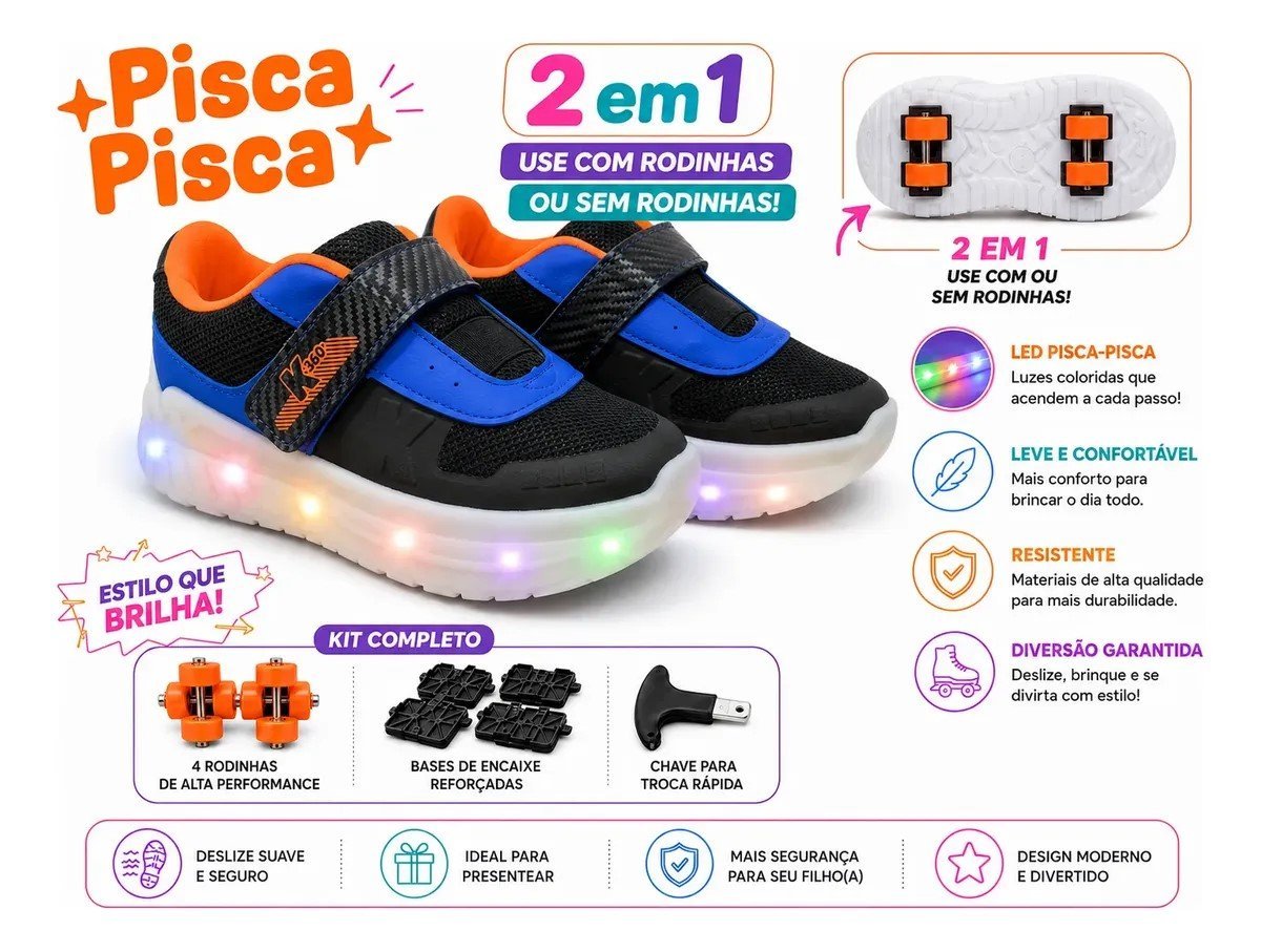 Tenis Kidy Rodinha com Luz Infantil Meninos Preto/Azul 4