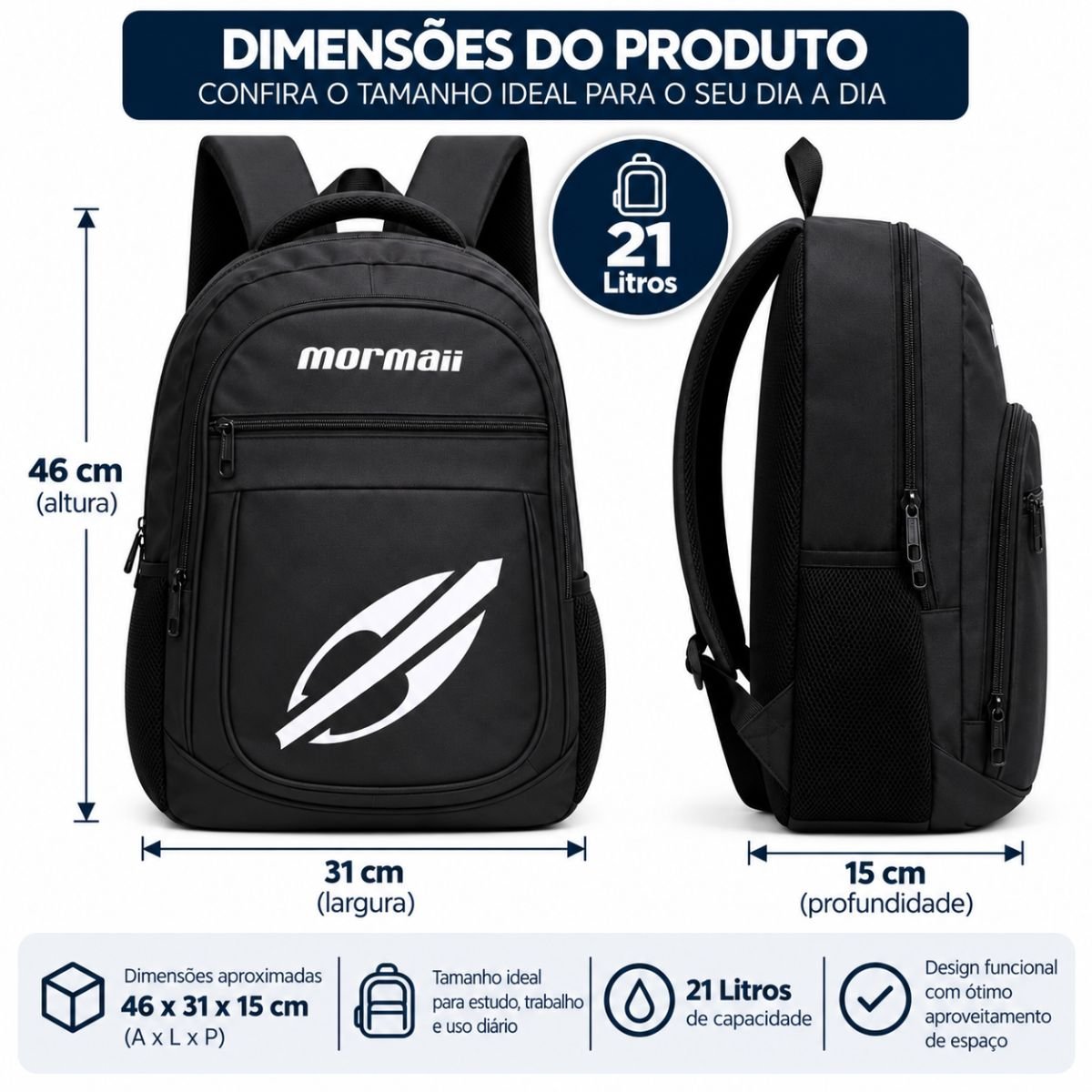 Mochila Mormaii Costa 21 Litros Escolar Trabalho Poliéster Preto 7