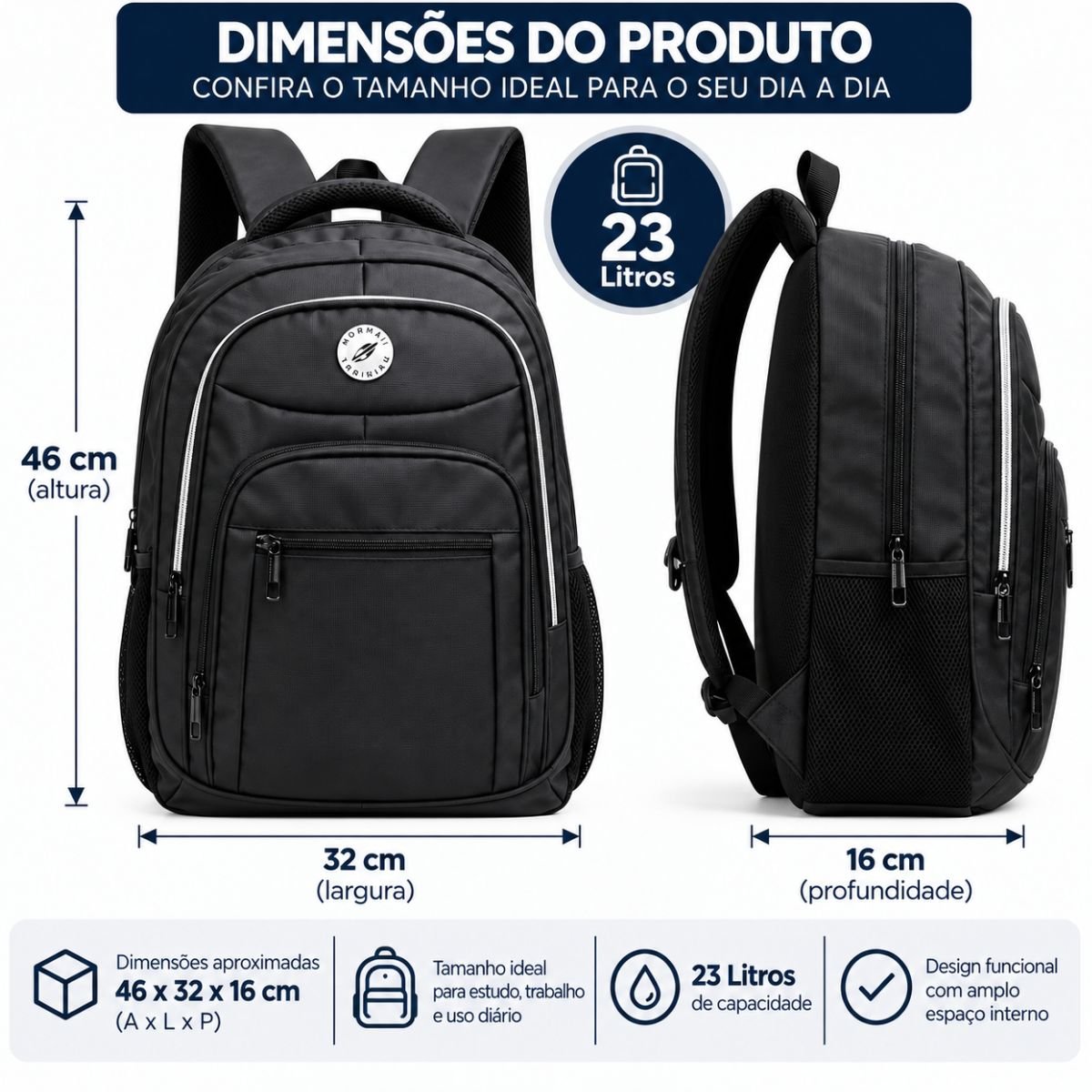 Mochila Mormaii Costa Poliéster Escolar Trabalho 23 Litros Preto 5