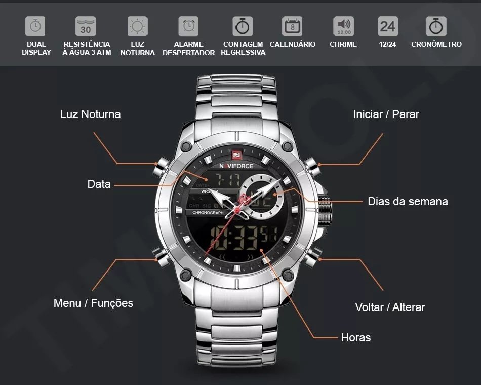 Relogio Naviforce 9163 Prata Masculino Digital e Analogico Prata 6