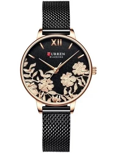 Relógio Curren Feminino 9065 Preto Aço Detalhes De Flores