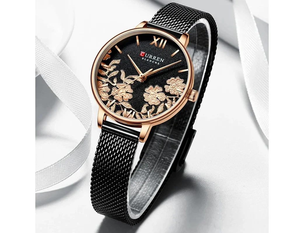 Relógio Curren Feminino 9065 Preto Aço Detalhes De Flores Preto 2
