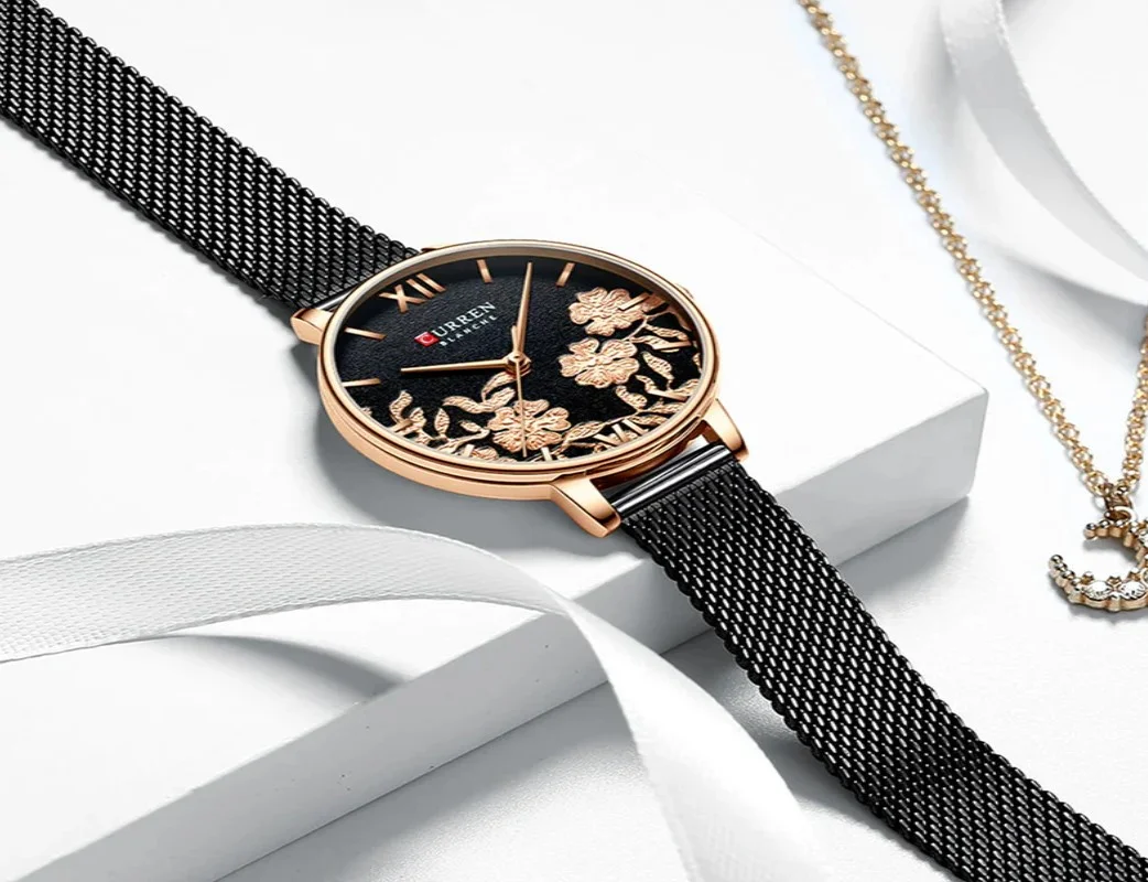 Relógio Curren Feminino 9065 Preto Aço Detalhes De Flores Preto 3
