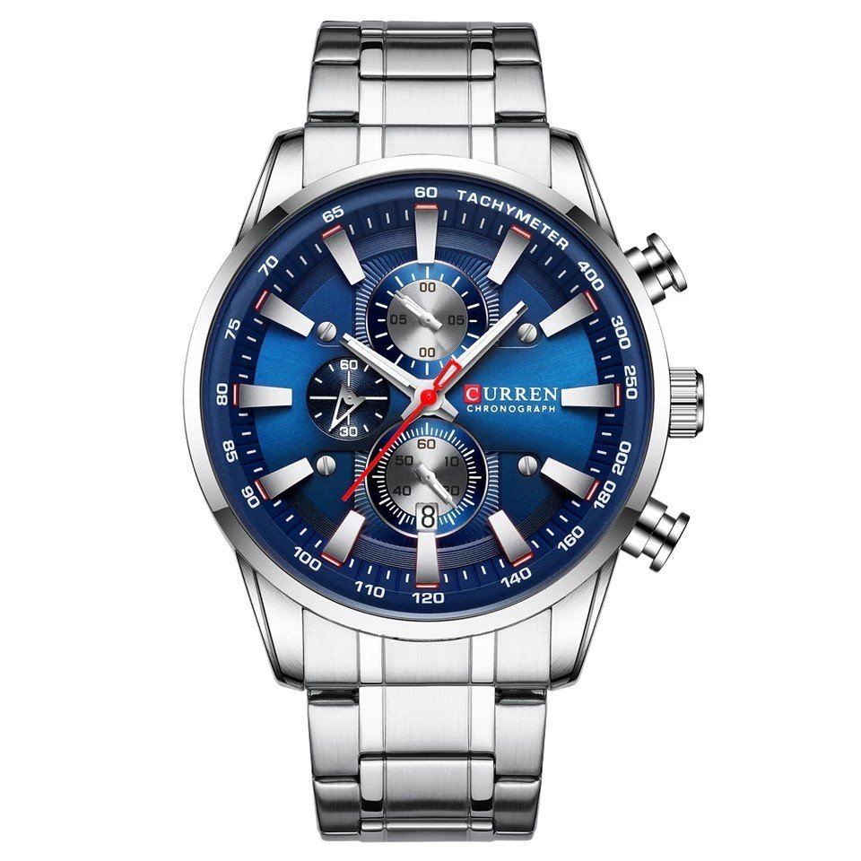 Relógio Masculino Curren 8351 Prata/Azul Cronógrafo Funcional Aço
