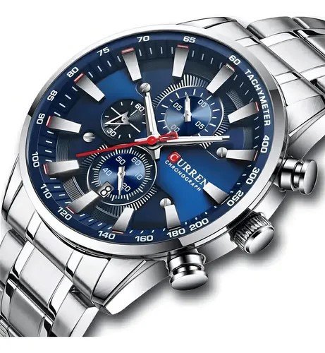 Relógio Masculino Curren 8351 Prata/Azul Cronógrafo Funcional Aço Prata 2