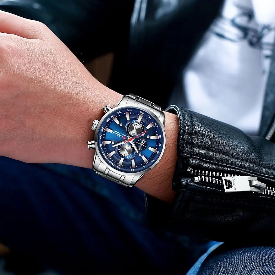 Relógio Masculino Curren 8351 Prata/Azul Cronógrafo Funcional Aço Prata 3