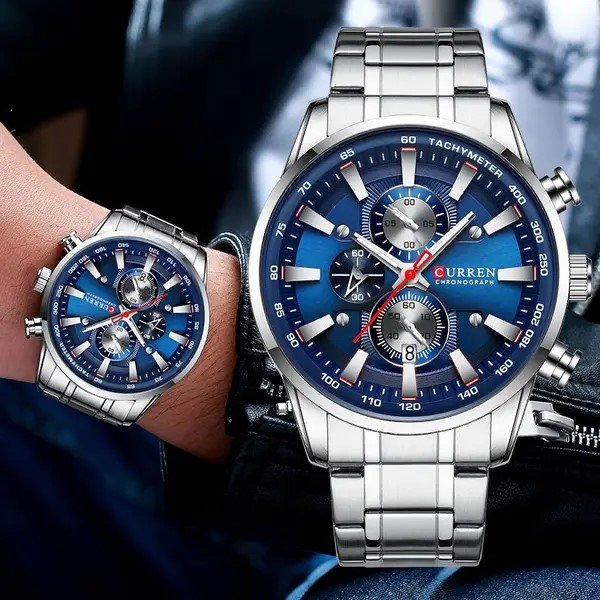 Relógio Masculino Curren 8351 Prata/Azul Cronógrafo Funcional Aço Prata 4