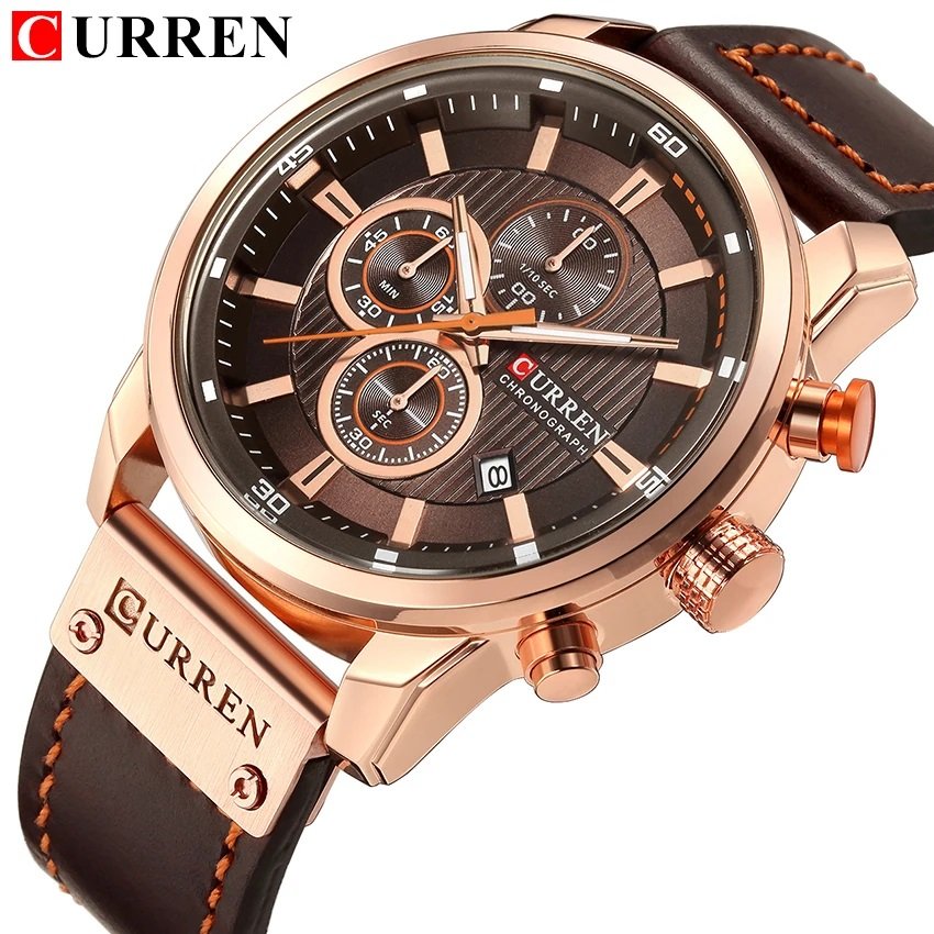 Relógio Masculino Curren 8291 Couro Marrom Militar Dourado 2
