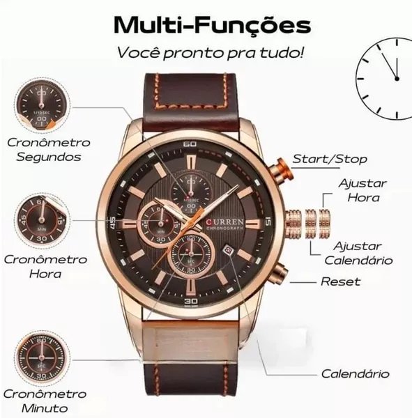 Relógio Masculino Curren 8291 Couro Marrom Militar Dourado 3