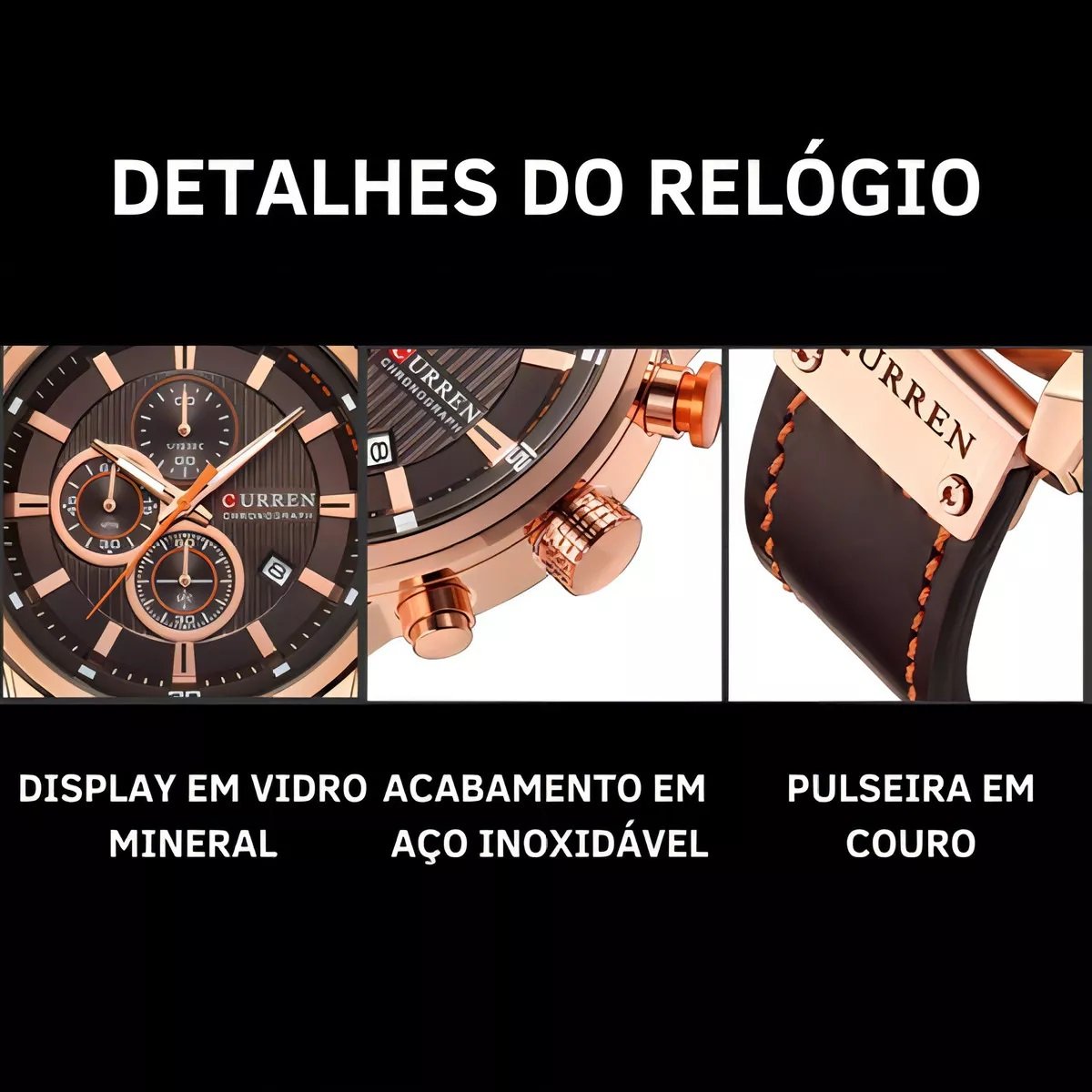 Relógio Masculino Curren 8291 Couro Marrom Militar Dourado 4
