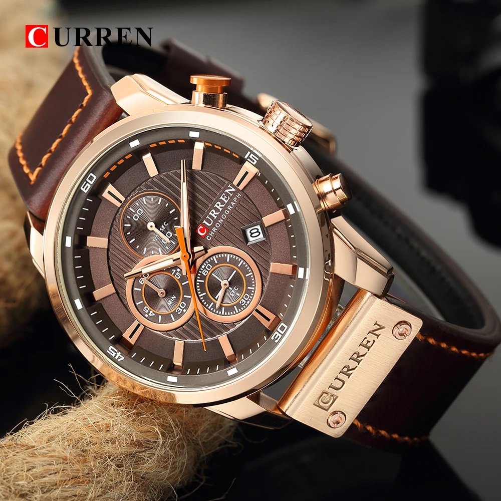 Relógio Masculino Curren 8291 Couro Marrom Militar Dourado 5