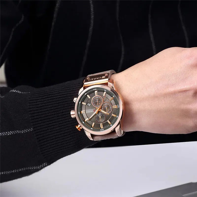 Relógio Masculino Curren 8291 Couro Marrom Militar Dourado 6