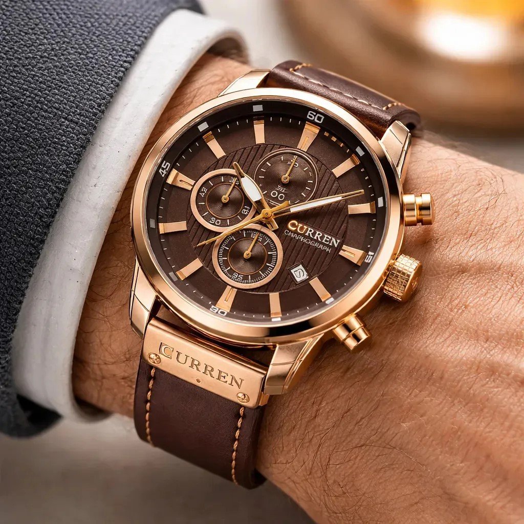 Relógio Masculino Curren 8291 Couro Marrom Militar Dourado 7