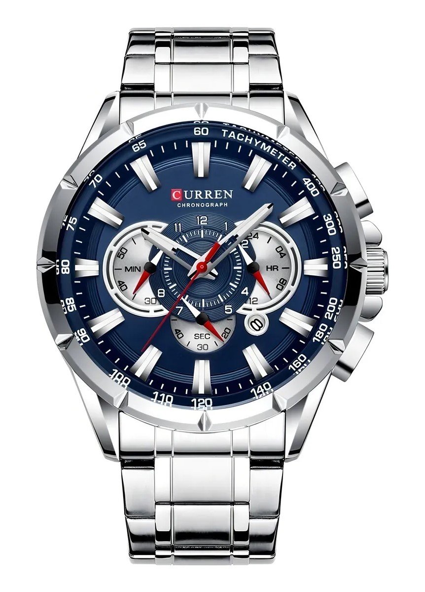 Relógio Masculino Curren Pulseira em Aço Prata e Azul