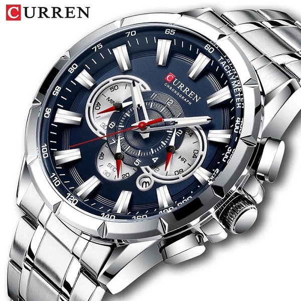 Relógio Masculino Curren Pulseira em Aço Prata e Azul Prata 2