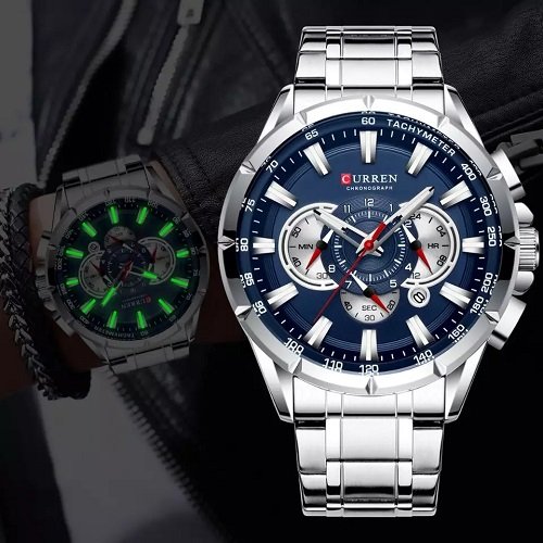 Relógio Masculino Curren Pulseira em Aço Prata e Azul Prata 3