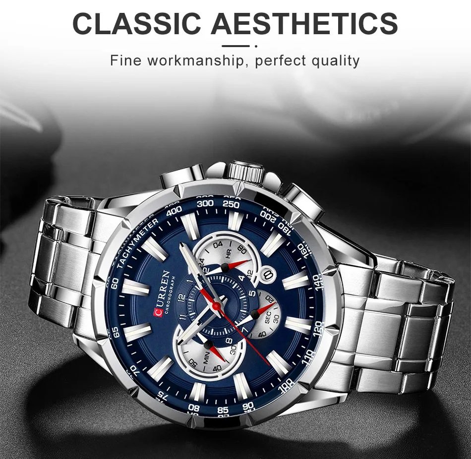 Relógio Masculino Curren Pulseira em Aço Prata e Azul Prata 6