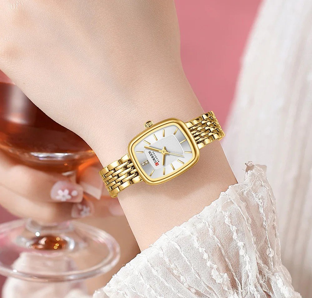 Relógio Feminino Curren 9093 Dourado/Branco Quadrado Dourado 3