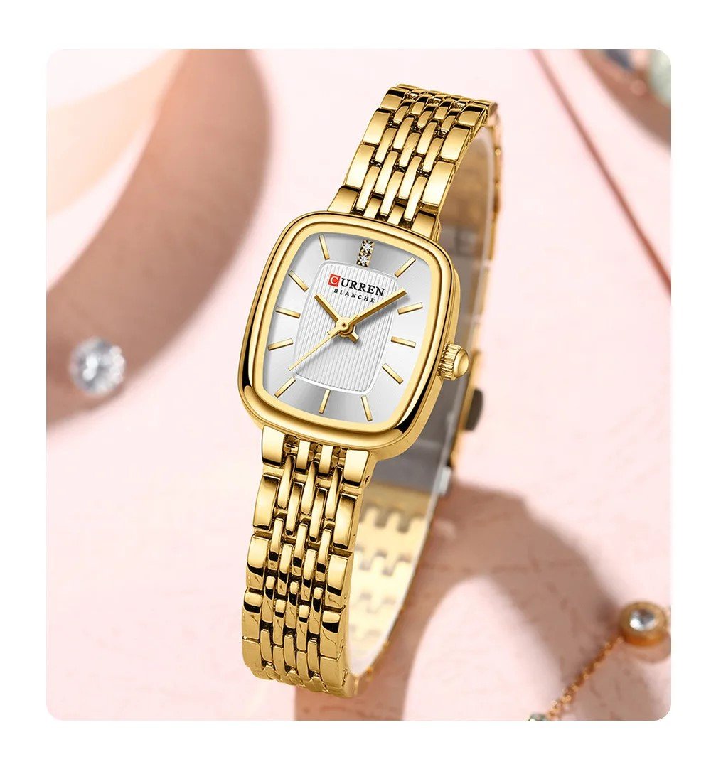 Relógio Feminino Curren 9093 Dourado/Branco Quadrado Dourado 4