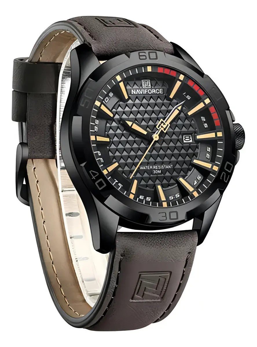 Relógio de pulso Naviforce 8023 pulseira de couro cor marrom Preto 2