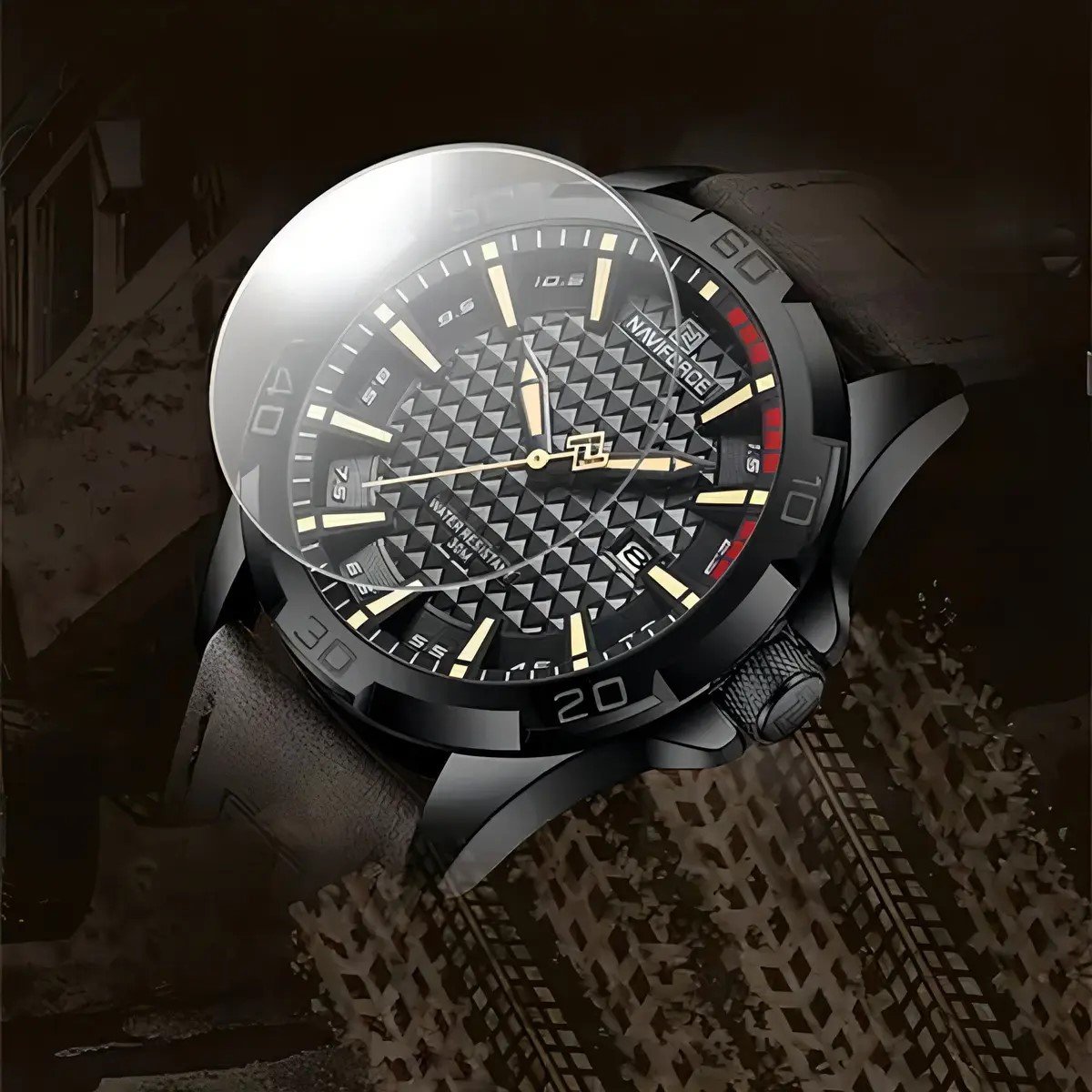 Relógio de pulso Naviforce 8023 pulseira de couro cor marrom Preto 3