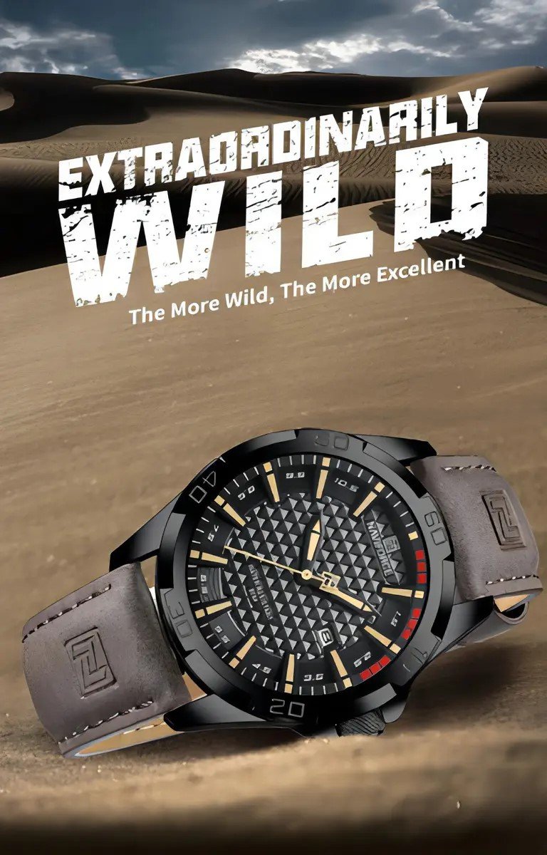 Relógio de pulso Naviforce 8023 pulseira de couro cor marrom Preto 4