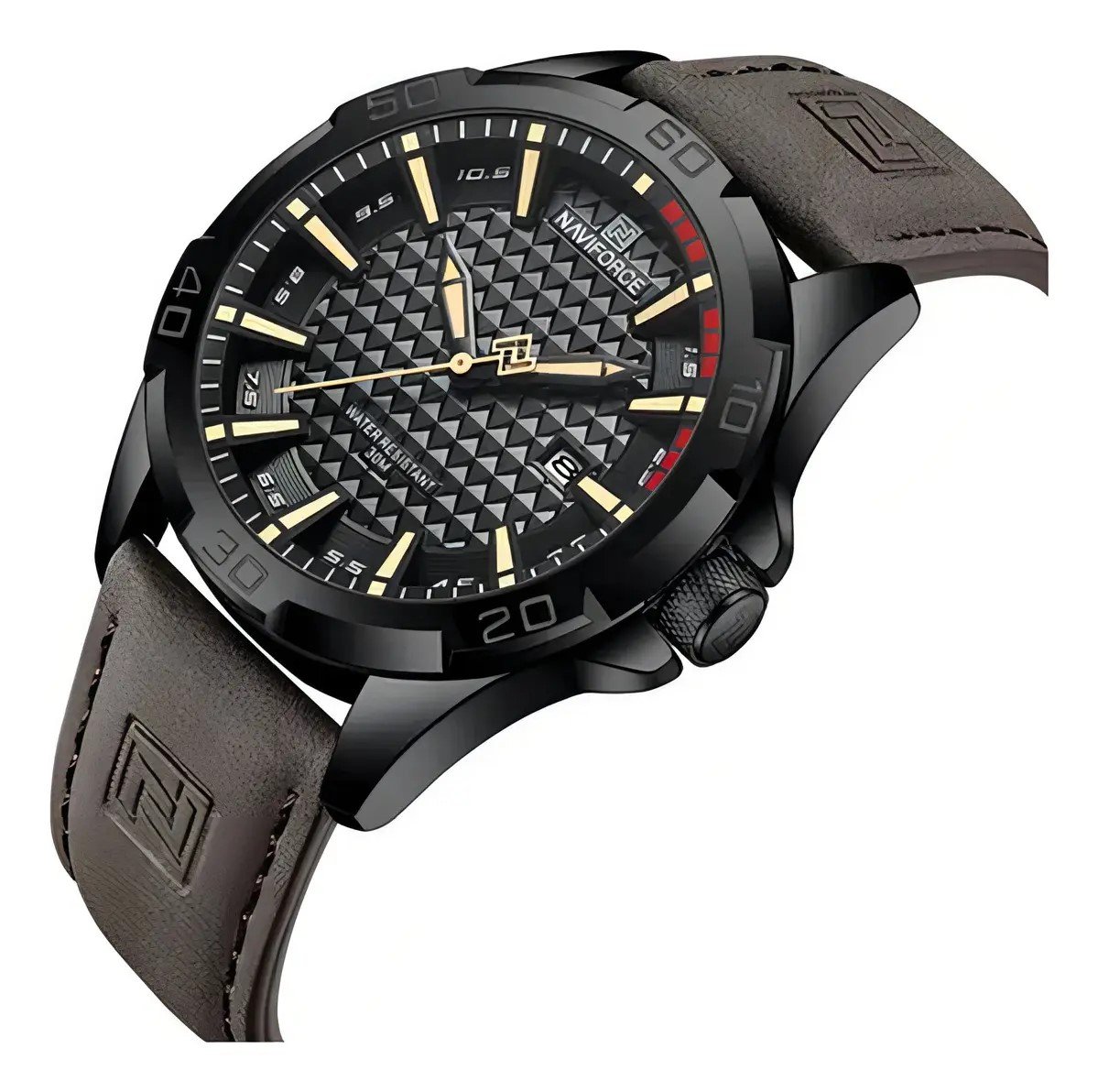 Relógio de pulso Naviforce 8023 pulseira de couro cor marrom Preto 5