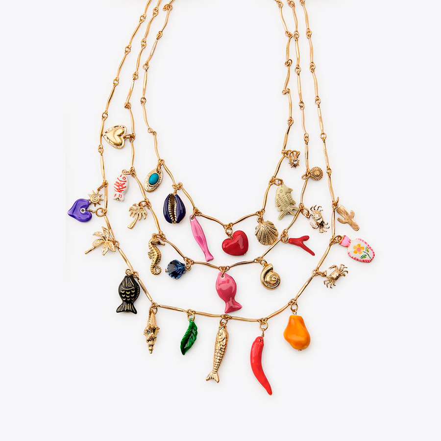 CONJUNTO DE 3 COLARES COM PIGENTES COLORIDOS Dourado 2