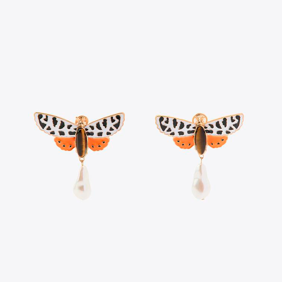 BRINCO BORBOLETA ESMALTADO COM PEDRA E GOTA PEROLADA Laranja/Dourado 2