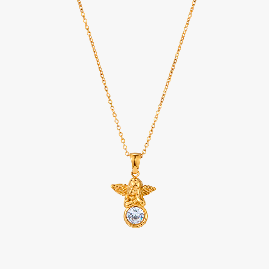 COLAR PINGENTE ANJO E ZIRCONIA  ACO INOX COM BANHO DE OURO 18K