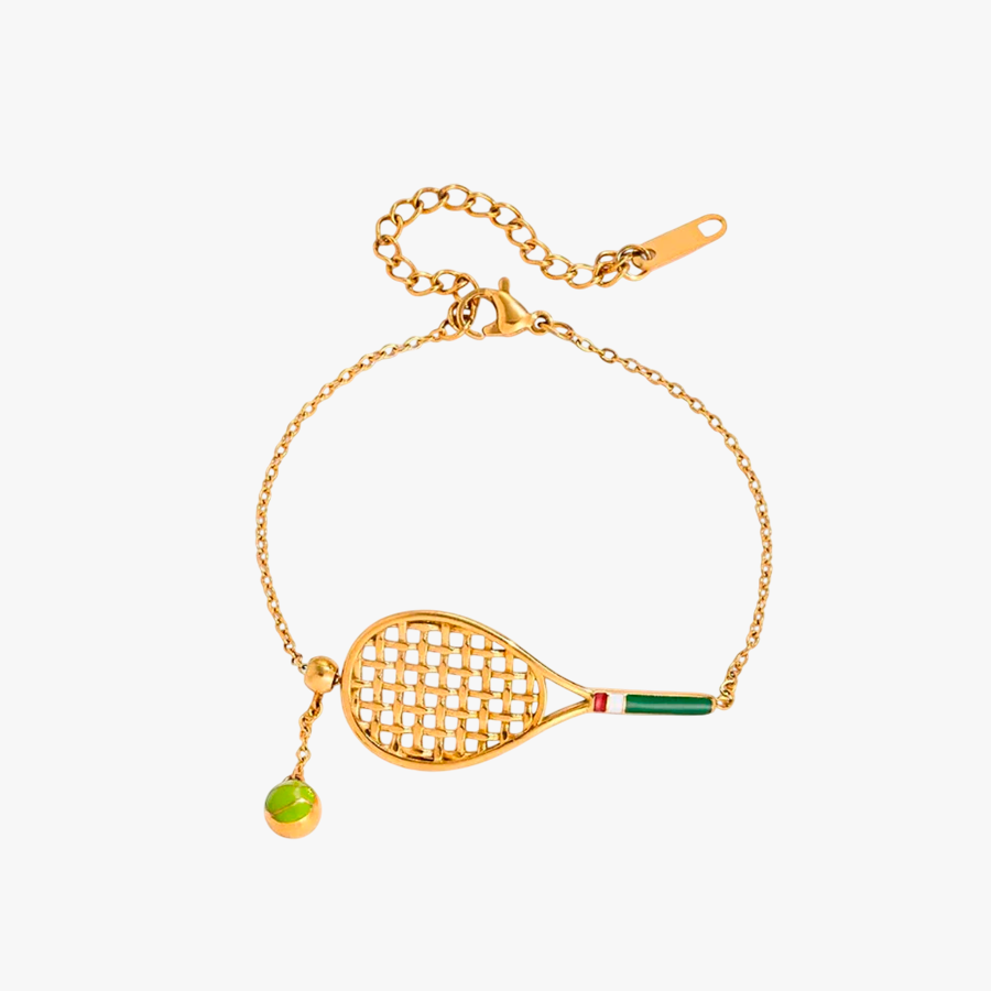 PULSEIRA PINGENTE RAQUETE DE TENIS  ACO INOX COM BANHO DE OURO 18K