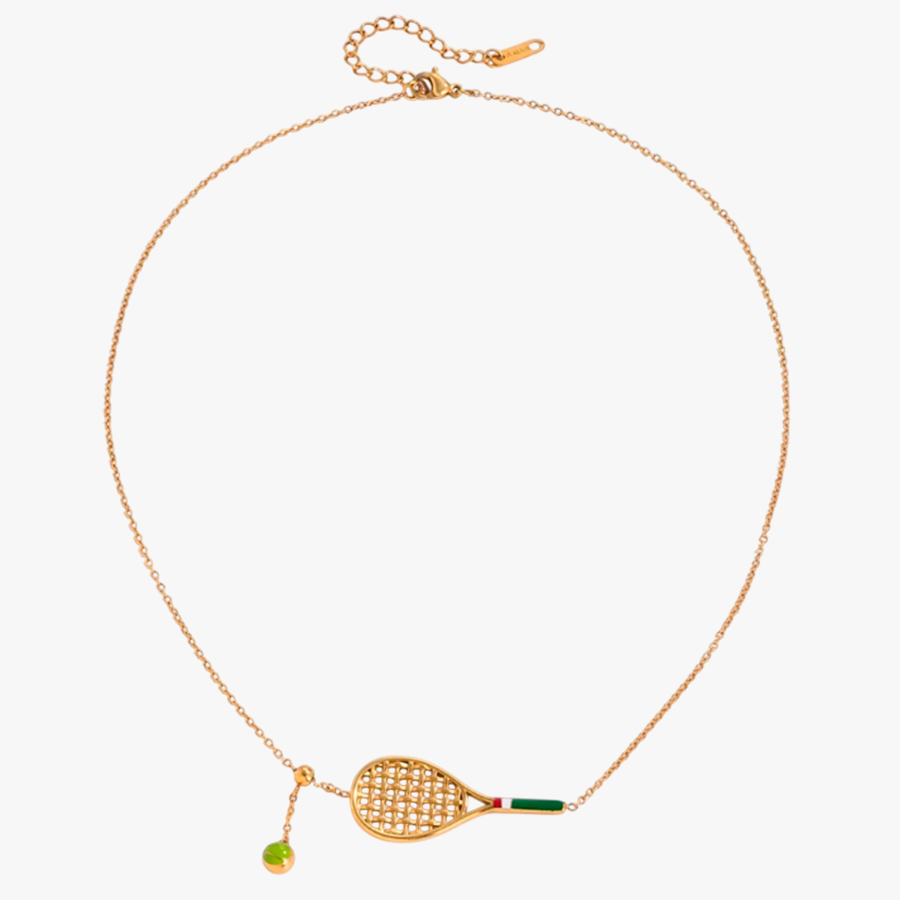COLAR PINGENTE RAQUETE DE TENIS  ACO INOX COM BANHO DE OURO 18K