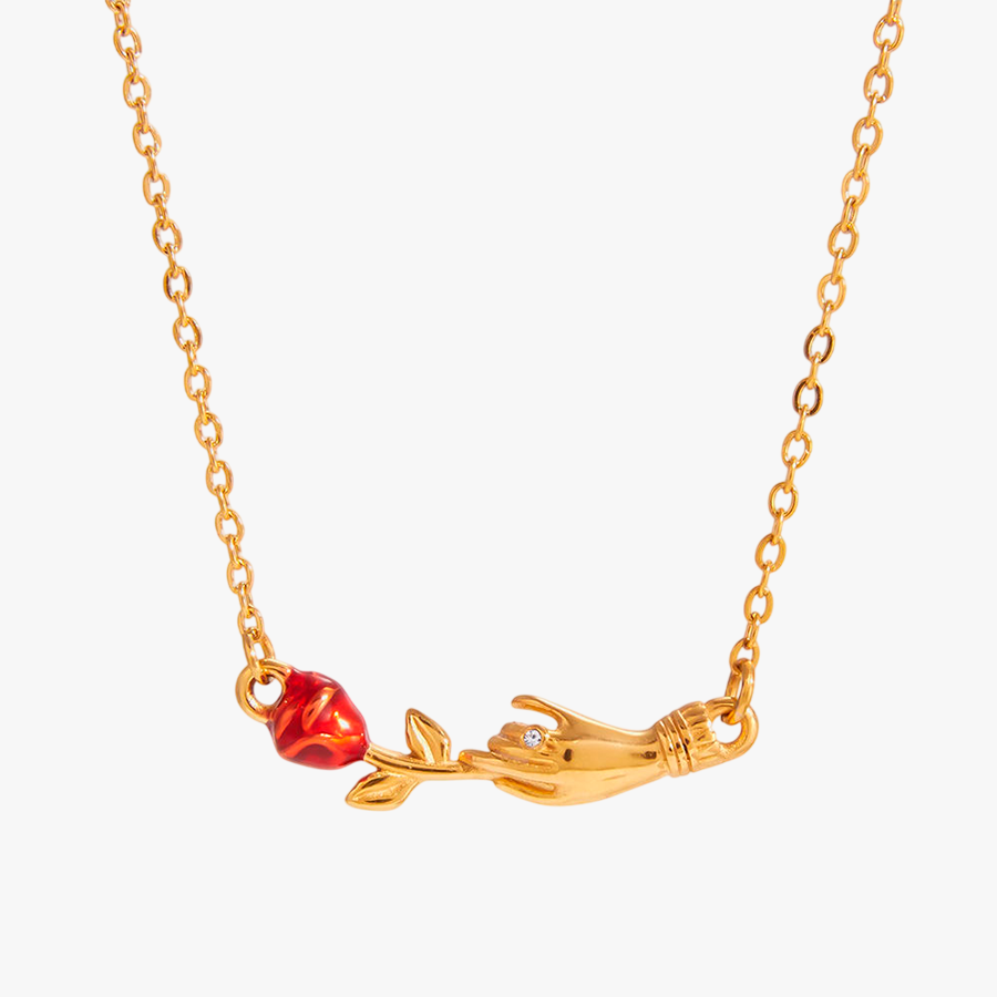 COLAR PINGENTE MAO E ROSA  ACO INOX COM BANHO DE OURO 18K