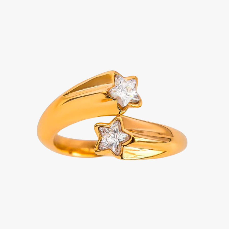 ANEL ESTRELA E ZIRCONIAS AJUSTAVEL  ACO INOX COM BANHO DE OURO 18K