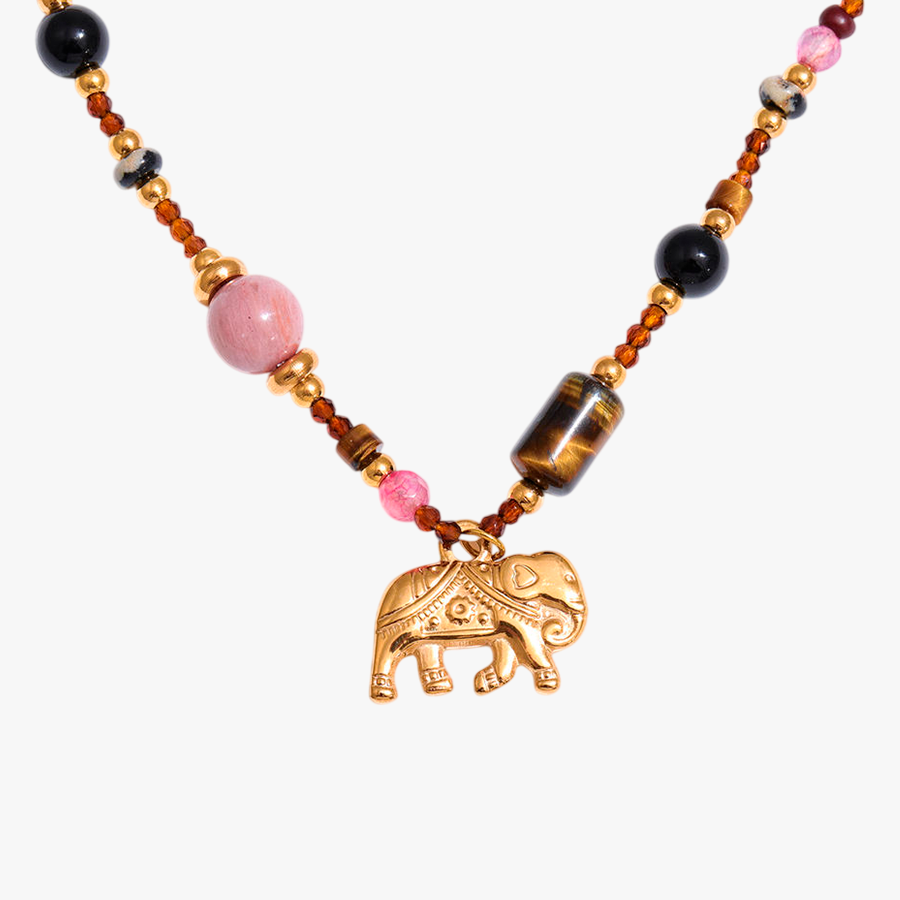 COLAR ELEFANTE E PEDRA OLHO DE TIGRE