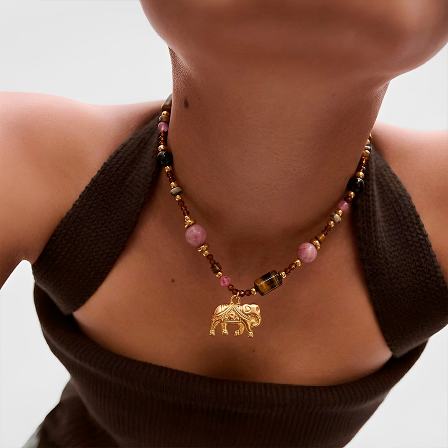 COLAR ELEFANTE E PEDRA OLHO DE TIGRE Dourado 2