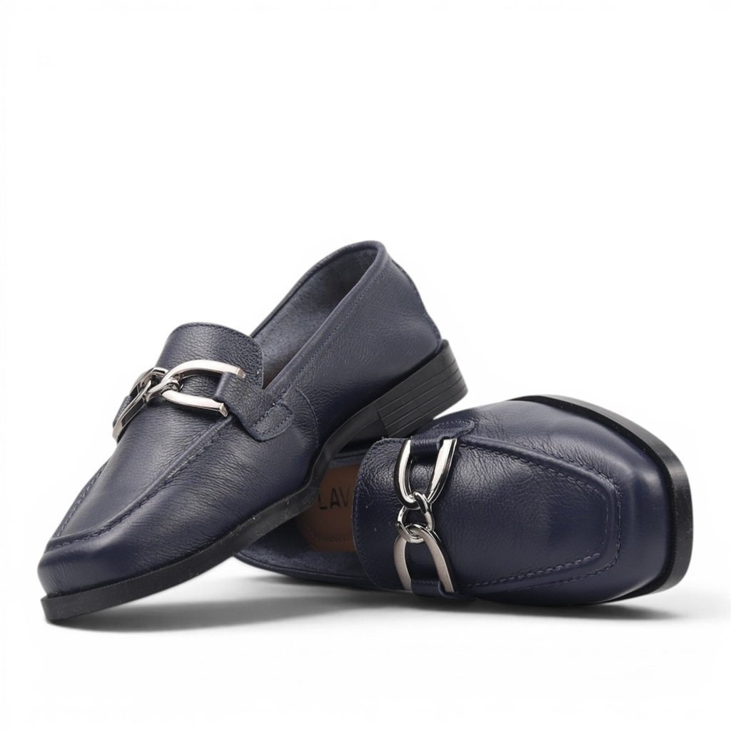 Mocassim Couro Enfeite Azul Marinho 2