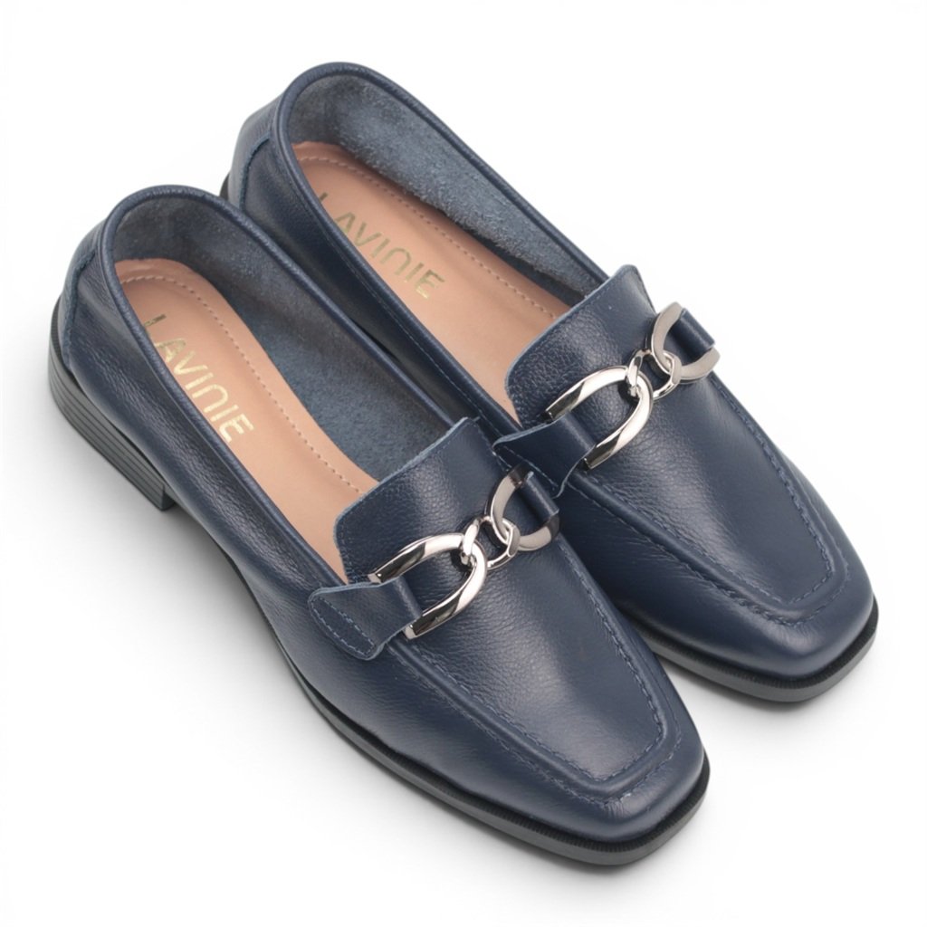 Mocassim Couro Enfeite Azul Marinho 4
