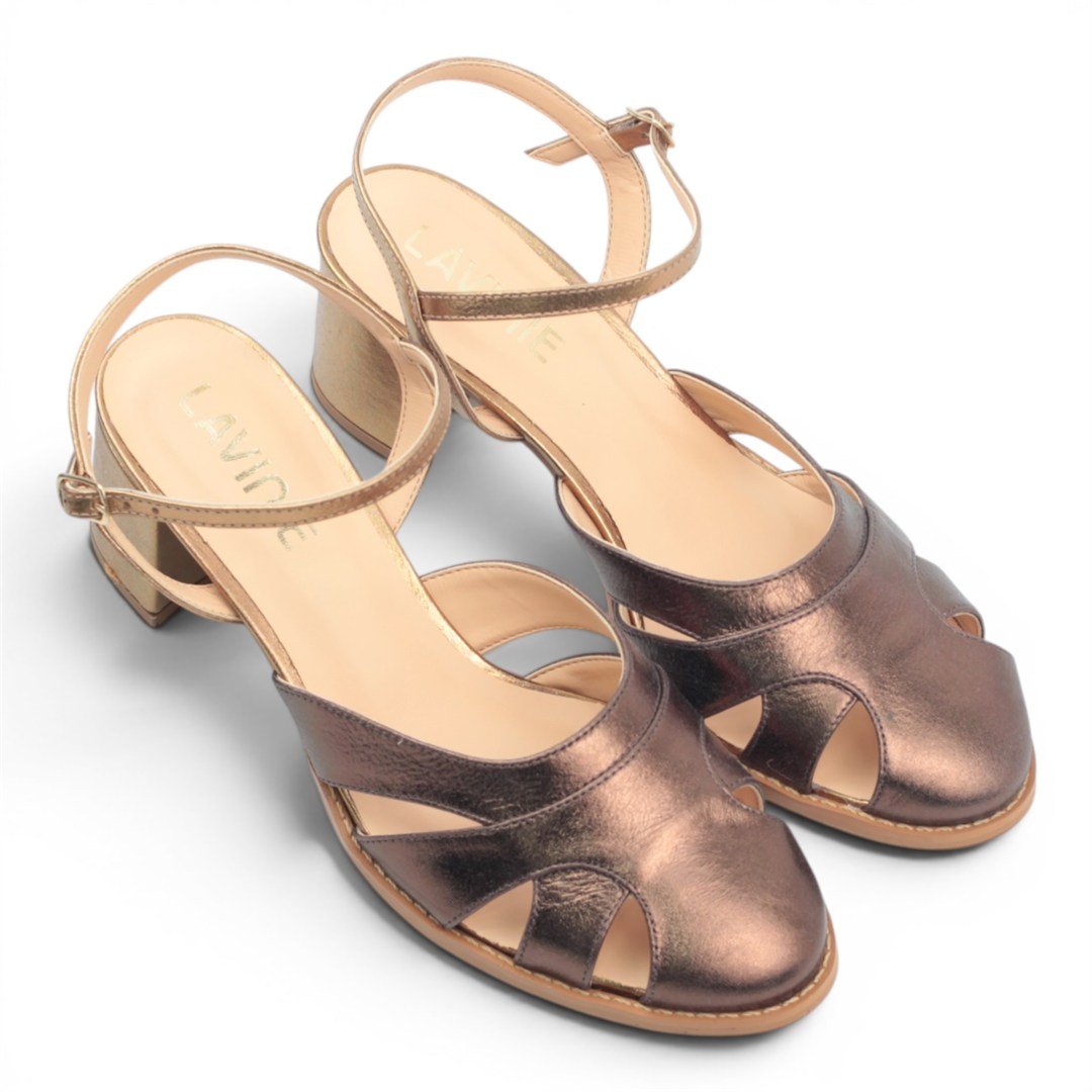 Scarpin Slingback Salto Bloco Couro Bronza 4