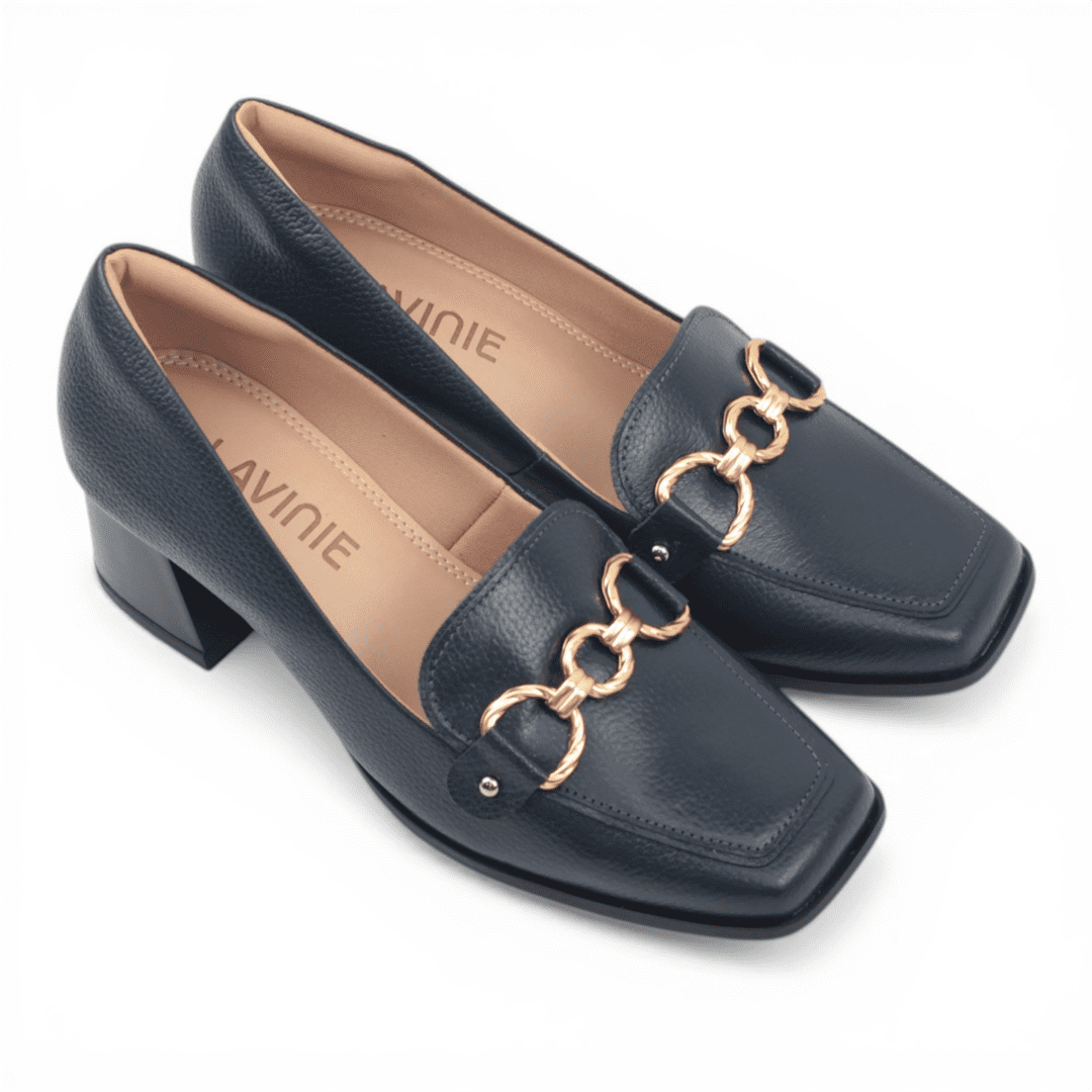 Mocassim Salto Bloco Enfeite Couro Azul Marinho 2