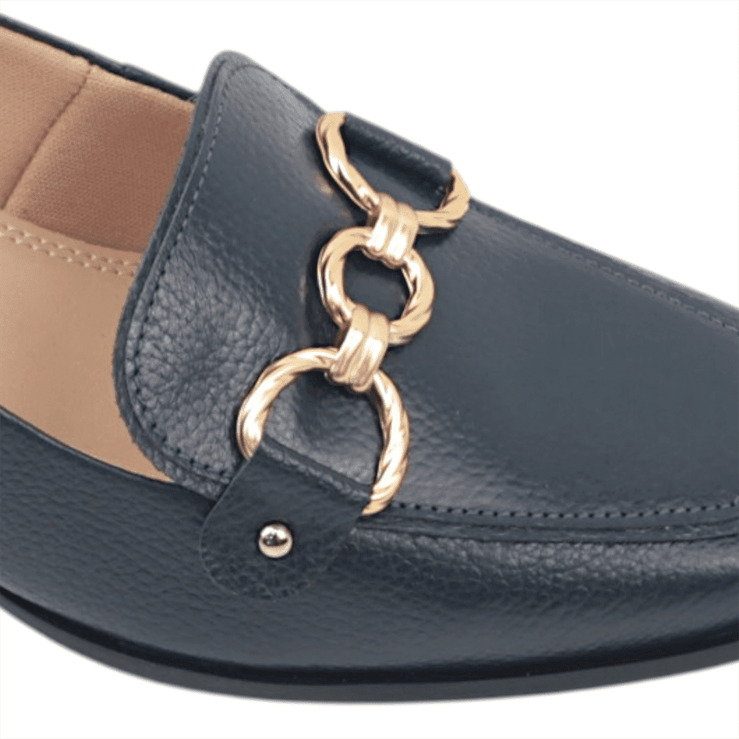 Mocassim Salto Bloco Enfeite Couro Azul Marinho 3